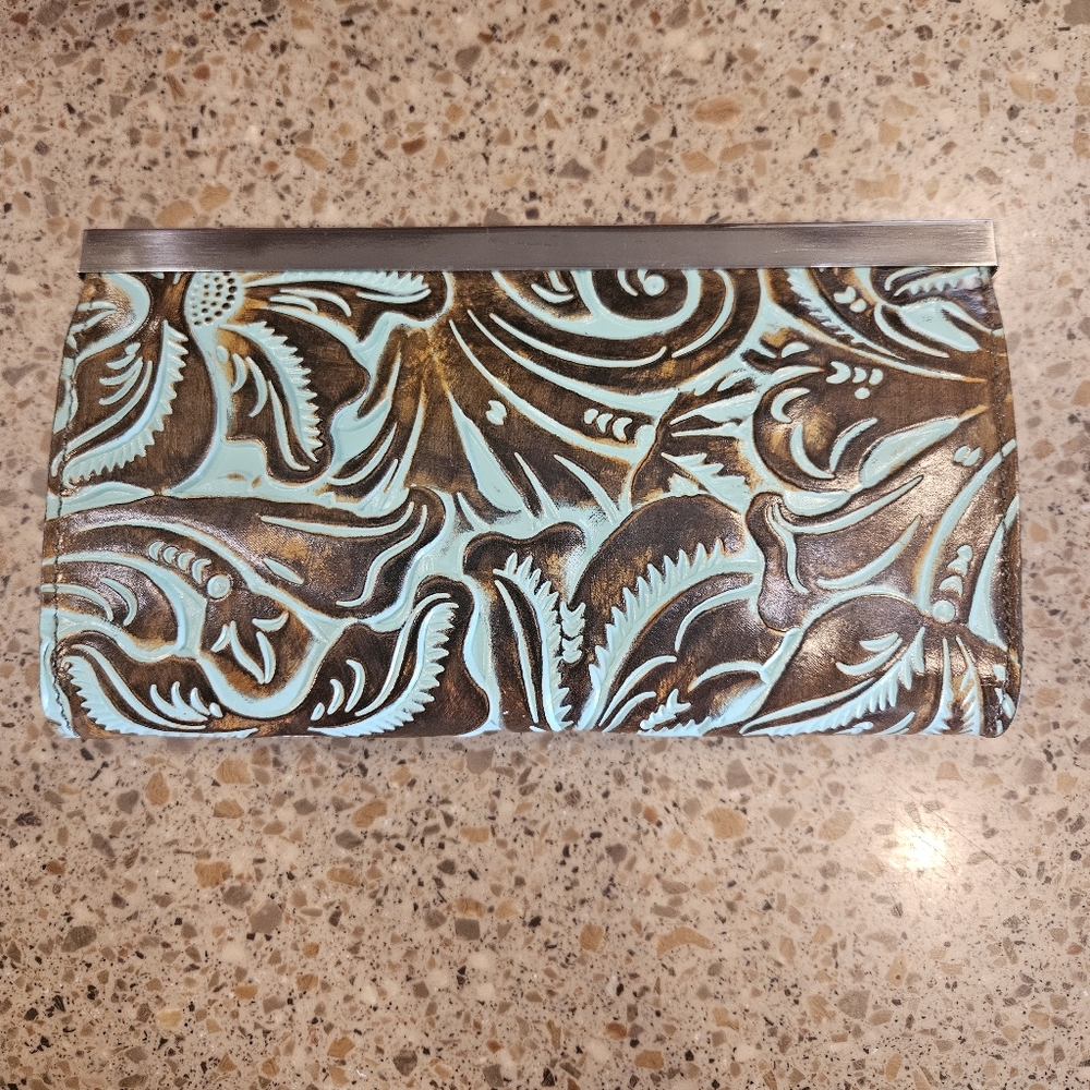 Patricia Nash NWOT Turquoise Tooled Cauchy Frame 100% Full Grain Leather - Picture 3 of 7